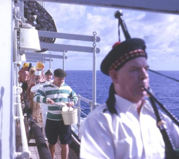 Alec Forsyth, CEO, Capt Evans.
'3 Eng Alex Forsyth - Master of the Shove Ha'penny board and Bagpiper par Excellence'
CEO Maxie Clements in the hooped shirt.
Tidereach 1965
