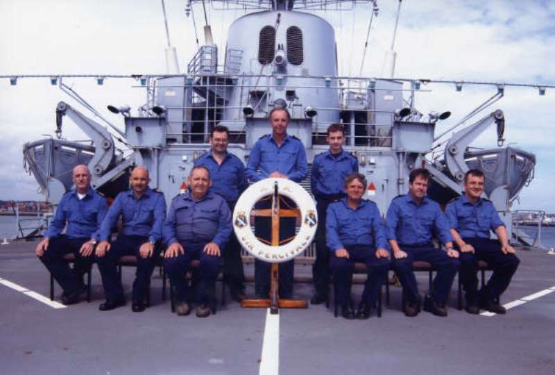 Sir Percivale Finale - POs
PO(E) George Hay, PO (ST) Clive Jones, ?. 
Front Row L-R ?, ?, Chippy Mick Smales, Bosun Ian Mclean, ?, POSA Mark Williams 
