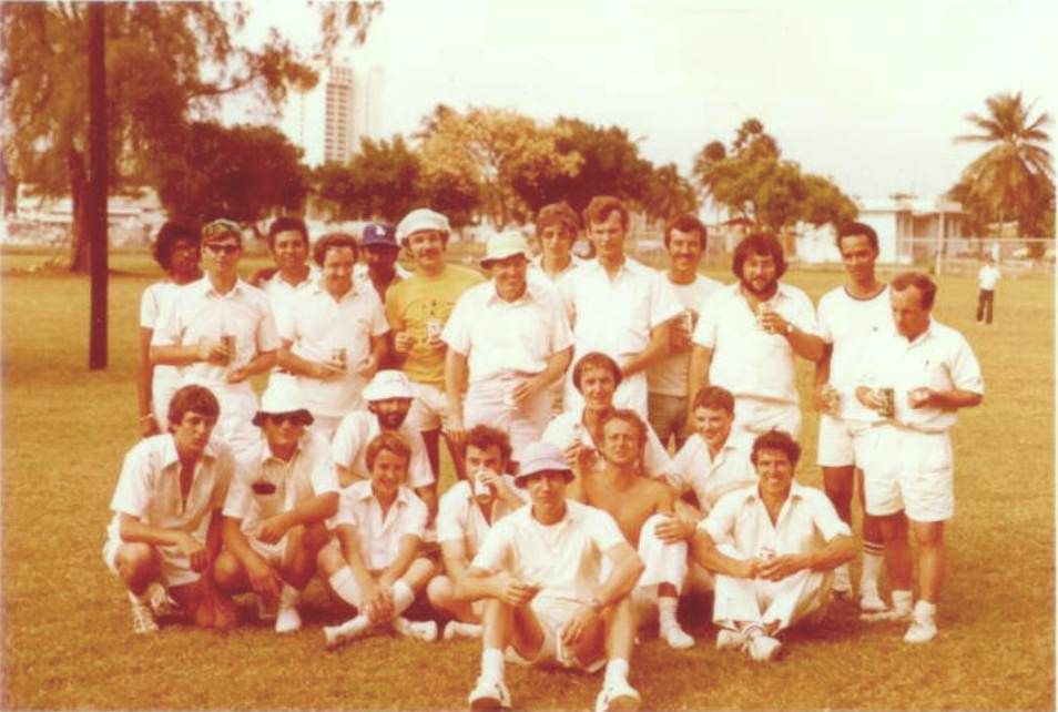 Tarbatness - San Juan, Puerto Rico - 20 March 1977
A cricket match against San Juan's British Commonwealth with a few American's thrown in.  They beat the Tarbatness First XI by a wide margin.

Alex Parker (left middle row wearing sun glasses) was then a ASTON. Front row on left (kneeling) - Deck Cadets Mike Elms, Fran Wauchope and Martin Hanlon.
