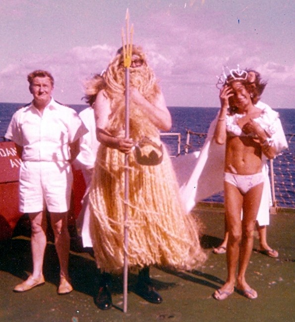 RFA Olwen 4th-May-1975 - Crossing the Line -  headed for Rio.
Capt.JGM.Coull (left) and bikini-clad Steward 'Francis' (right). 
