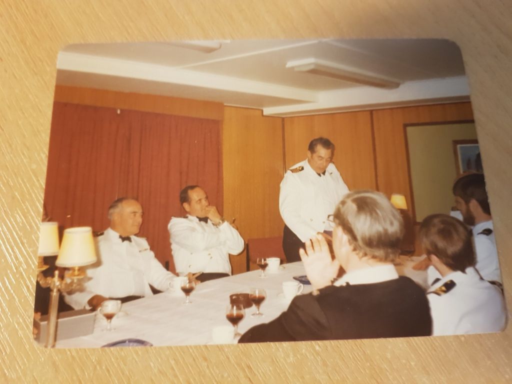 Sir Galahad 1978
Maxie Clemence Retirement dinner L to R, Capt Peter Taylor, Choff ??, Maxie Clemence CEO
