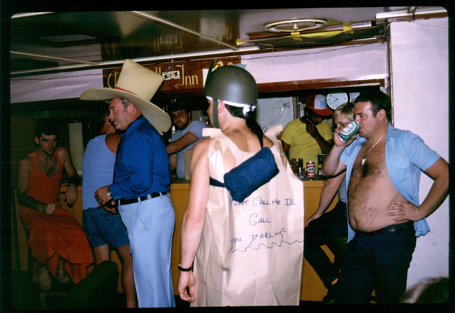 Crew bar shot RFA RESOURCE 1985
Pat Ward aka Maud in red dress, Sam Berry in huge hat. 
