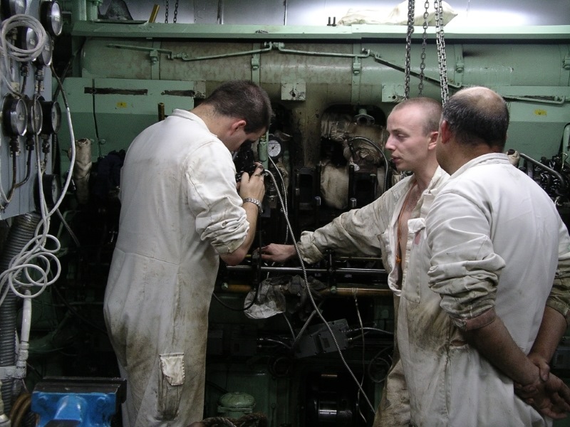 RFA Diligence, Singapore, 2004.
The morning after the night before (when the genny made a very expensive noise). L to R: Nick Cronin (Cadet E), Ronnie Skimming (3/O E), Ian Collins (3/O E).
