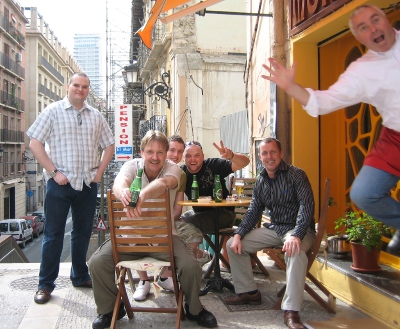 RFA Wave Knight, 2008.
Alicante during the Orion '08 deployment. L to R: Nick Cronin (3/O E), Martin Leake (2/O E), Dave Maginnis (Cadet E), Jon Paul Davis (3/O E), Alec Stevens (LSO), and cafe owner executing a perfectly timed photo bomb.
