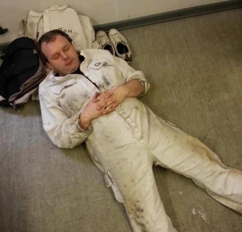 RFA Orangeleaf 2012 - Birkenhead.
Jon taking a power snooze in one of the Portakabins on day one of  refit.
