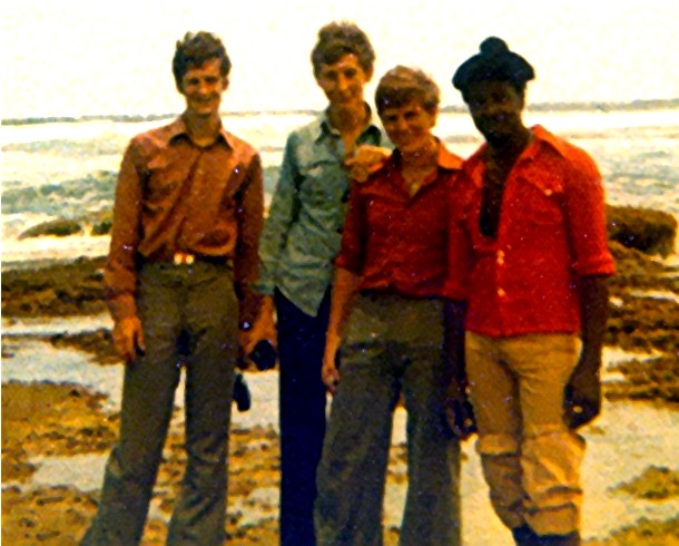 RFA Olwen Deck Cadets = late March 1975 - Barbados.
VB.Ramsay-Smith, M.Harper, J.Burrows with our Barbadian Host.
