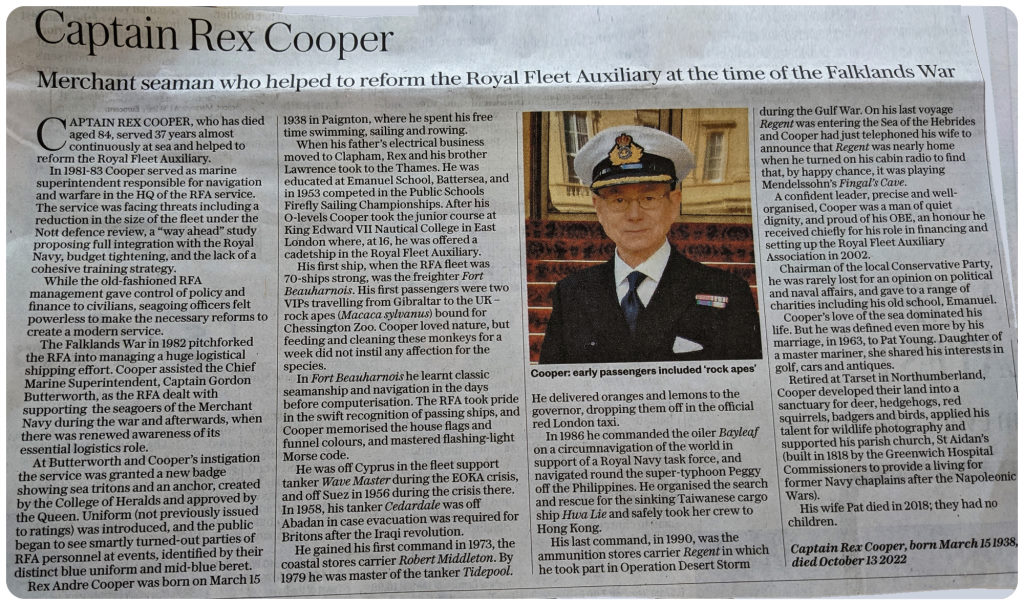Capt. Rex Cooper OBE.
Obit in the Daily Telegraph for Capt. Rex Cooper OBE,  Dec 2022.
