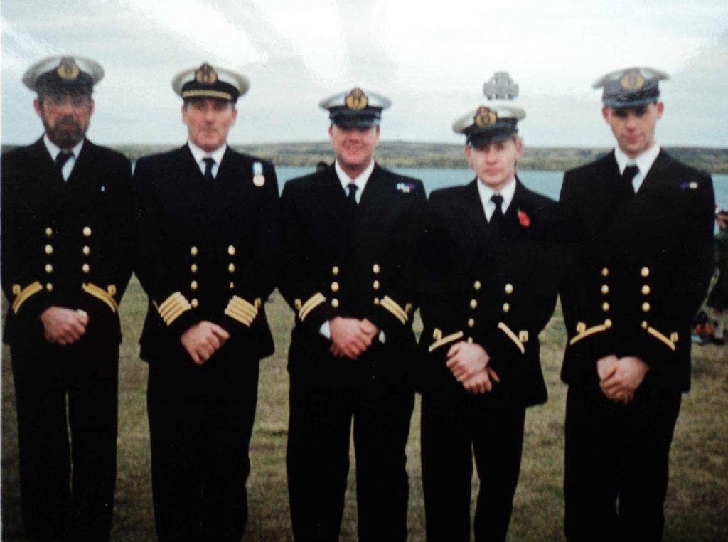 RFA Gold Rover - 1996
Officers of the RFA Gold Rover. Falkland Islands 1996. Memorial to the South Atlantic Task Force.
