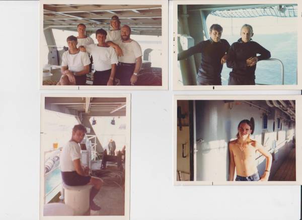 RFA Engadine Deck crew of 1975.
Larry Dwyer and deck crew RFA Engadine 1975.Taken at Canada at Nanaimo. Engadine first long haul overseas voyage. Testing the Ikara Missile in company of H.M.S Leander at the time.  
