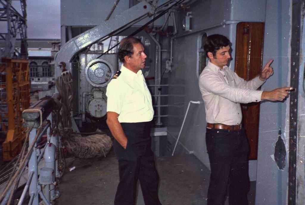 Sir Lancelot 1982
Dave Gubbins shows Mike Mears the bomb removal route through his cabin.
