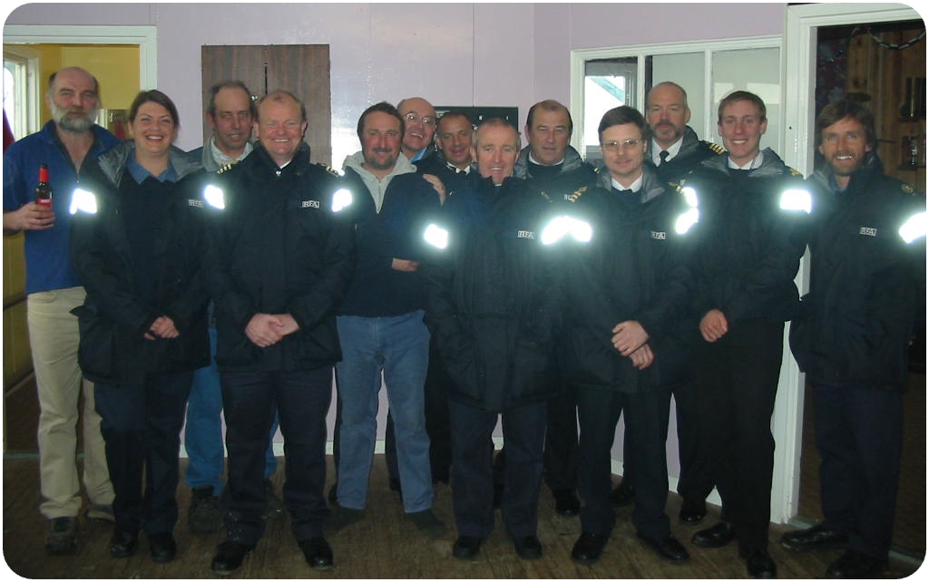 RFA Gold Rover Team, 2004 in the Falklands (Fitzroy).
(R-L).  RFA SG1 David Knight, RN Exchange unknown, CEO Dave Hall, MEO Roger Parnell, SEO Chris McLean, RFA SR Unknown, 2/O (E) P Denoual, PO(MT) Les Yeomans, Capt.S.Jones OBE, RFA CR Jo Clark. 

? UNK Sarginson ?

Tnx. to Roger Parnell for this phot.
