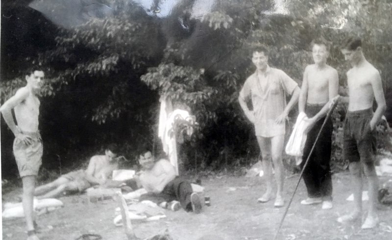 West Indies, 1958.
Includes (from left) Phil Roberts, [unknown], 'Clarkey', Derek Holden, Brian Westwick and Jad Scott. It was taken on the island of Bequia in the Grenadines,  West Indies in 1958.
Keywords: Derek Holden;Brian Westwick;Jad Scott