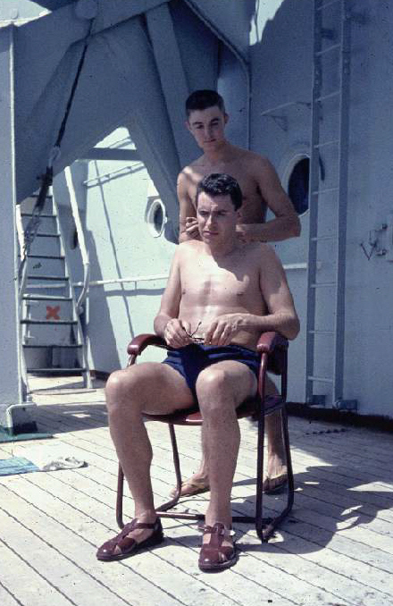 Bob Gilston & Mike Jamieson
Cadet Jamie cutting hair for 3rd Eng Bob Gilston - Tidereach 1965
