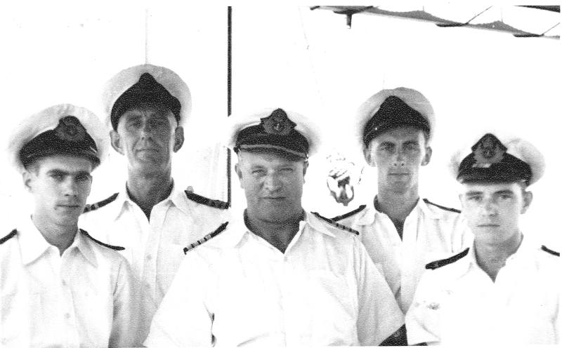 RFA Fort Langley - Singapore 1954
With Capt. Rowland Kelsey Hill OBE.   On the left is Radio Officer (name awaited), Chief Officer Mouldy Moulton, Capt. Roland Hill, John Hargreaves First/Second Officer and Second Officer David Campbell. 
Photo taken by the Third Officer with John's camera. 
Thanks to John for the picture.  
HistoricalRFA for additional name info. 
Keywords: John Hargreaves;Rowland Kelsey Hill