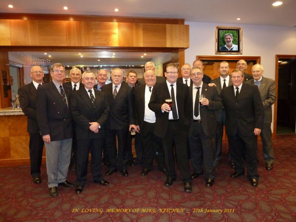 In Memory of Mike Kitchen
Left to right - Ed (talking horse) Quigley, John Sinclair, George Norcott, Tam Adam, Phil (screaming skull) Edwards, Tony Spoor, Ken Nichols, Alec Melvin, (Baz Wakefield behind), Thurston (Satch) Sergeant, Dave (Boozy Twosy) Tooze, Micky Donovan, (Andy August behind), Ian (1st bar) Smith, Ray Brewer, (John Breckon behind), Joe Davis (sadly now deceased) 
