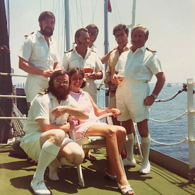 Wave Chief 1974
Boat Deck Bar Port Side

Top
Mike Jamieson 2EO, Ben 4EO, Rab Thomson RO, Chay Blyth Yacht Master, Norman Bothwell CEO.
Andy Sinclair 3EO, Geraldine Jamieson.
