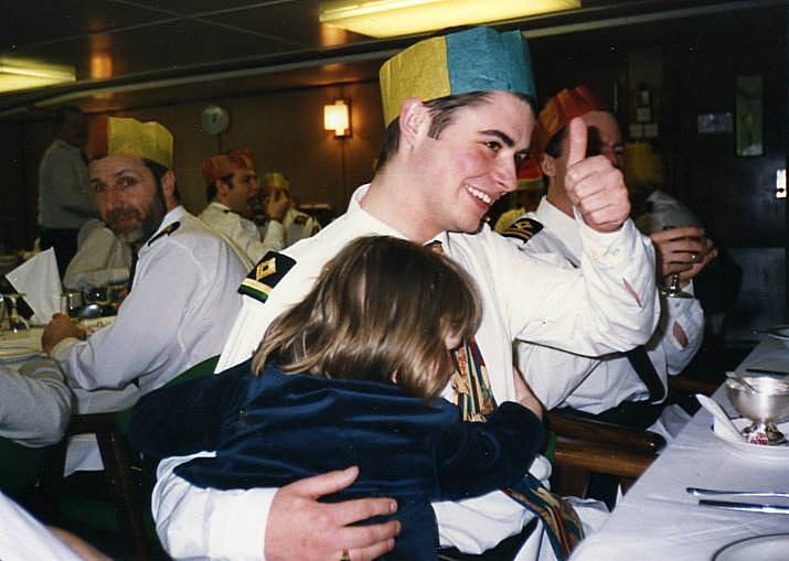 Mark Griffiths
Fort Austin Christmas dinner 1993. Mark seems to have earned a Christmas promotion from Cdt(X) to 3/O(SE). Is that Steve Peers lokking on in the background?
Keywords: Mark Griffiths;Fort Austin;christmas;steve peers