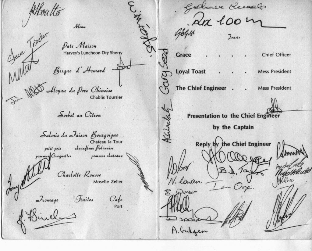 RFA Tidepool Mess Dinner
RFA Tidepool Mess Dinner in honour of Victor J Cooney CEO. Gibraltar, Sunday 14th October 1979
Keywords: Tidepool, V J Clooney, Murray Martin, Mess Dinner, Gibraltar