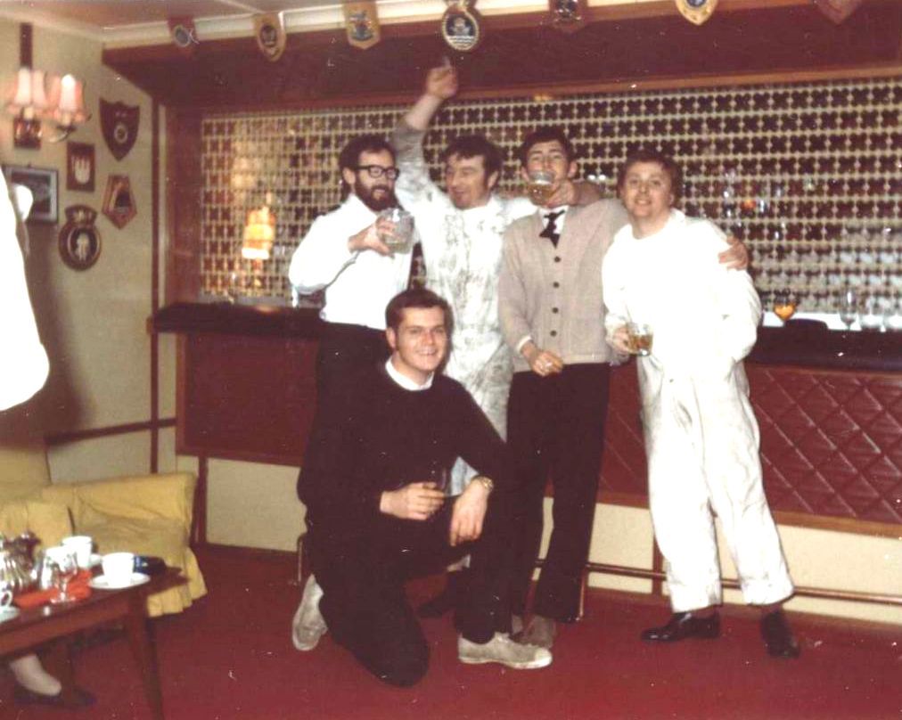 Olna bar 1973 - post watch refreshments
L-R: Des Garvey R/O, Neil Abbott cadet, Bob Tracey 4/E?, ? 3/0,  Ian Gormely 3/E.
