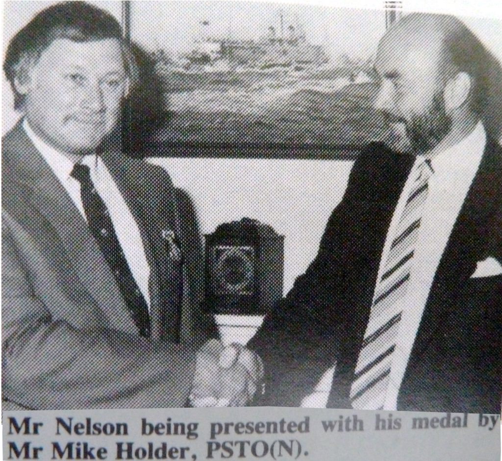 Cyril John "Jack" Nelson  -  RFA Reliant 1984
Jack Nelson SOGD RFA Reliant being presented with GSM Lebanon Clasp operational In Lebanon 8-10th February 1984.    Presentation was in 1985    Medal presented by Mike Holder. Pic via P.Dyer, D.Soden
