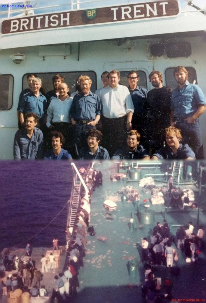 Sir Tristram -> British Trent June 1982.
British Trent with some RFA Personnel enroute to Ascension and  disembarking via mexe at Clarence Bay, Ascension.
LHS, partial Bill Mabbot 3/0, Chris Forrest 3/O (E), In front of Bill Mabbot - Alan Roach X/O, Tony Stainton-Ellis (Doc), Back row obscured Barry Hayes 2/R/O, Capt.Robin Green, Dave Tooze Purser, behind, partial Gary Wilson (Navs), Jimmy Ross (Chief), Andy Wills 2/E/O, David Palin 1/R/O.
On floor from LHS John Irvine 3/O (E), Robin Bailey (J/E/O), Robin Hookham 3/R/O, Neil Barclay 3/O, Shaun Jones 2/O.
Pics. from David Palin and Robin Bailey.
