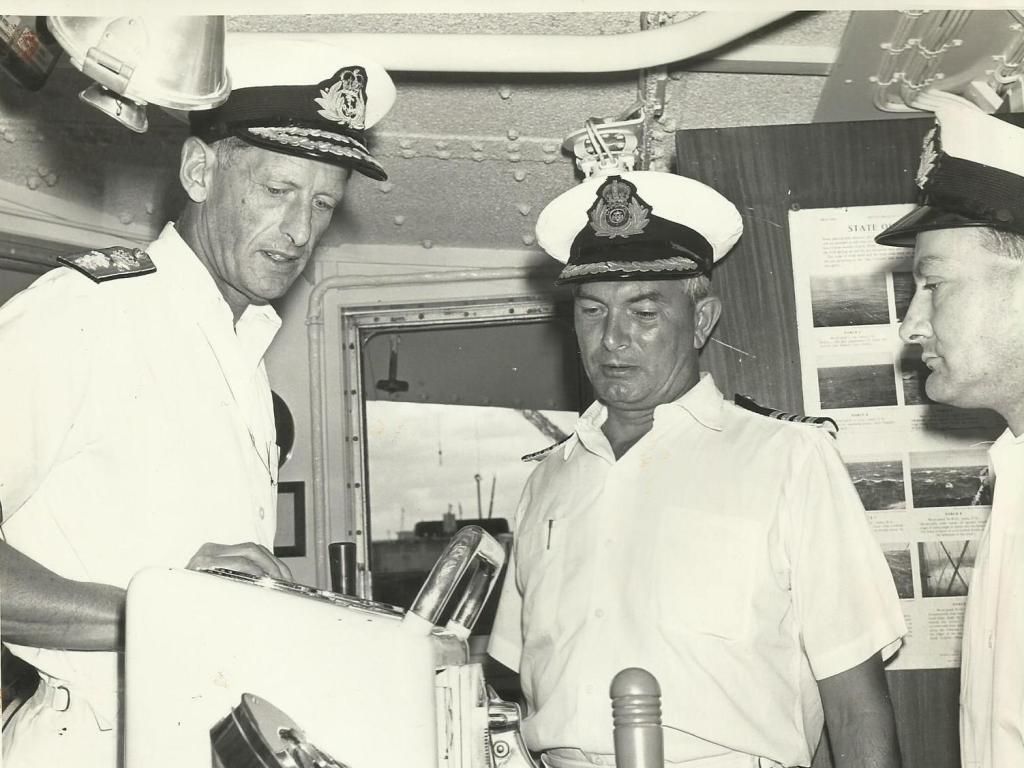 Singapore 27 Feb 1968
Almost certainly Gold Ranger.  Admiral Sir William O'Brien, COMFEF, probably Captain RM Miller and ?
(Unless you know otherwise.) 

