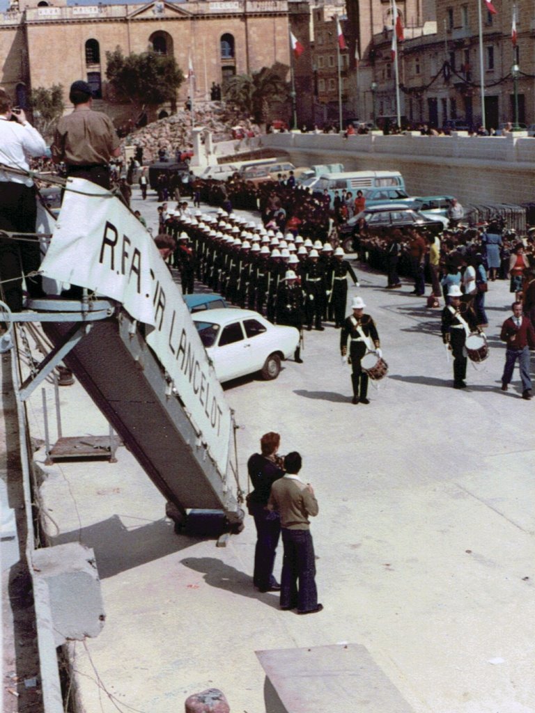Sir Lancelot embarking the Royal Marines1, Malta 1979
Royal Marines Band arrives in the quayside as the Comandos embark for their final departure from the island of Malta
