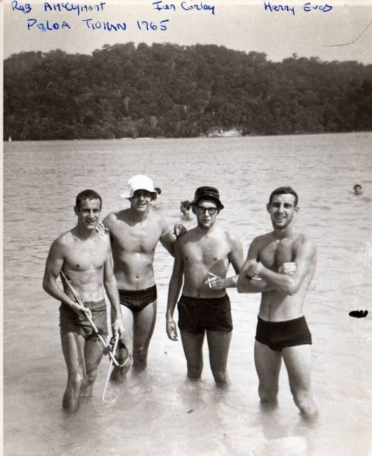 Tioman 1965
Rab Thomson (R/O)  John A McClymont (Dk Cdt) Ian Curley (R/O)  Harry Eve (Dk Cdt)
Swimmers from RFA Tidespring at Pulao Tioman 
