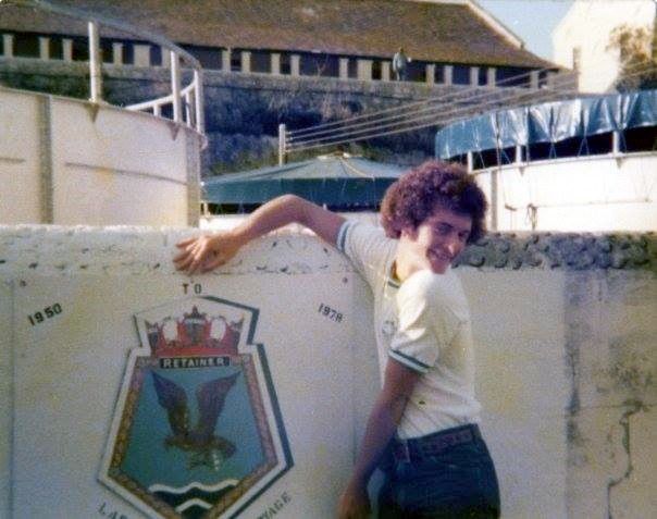 Retainer -1978 -
Ship's crest on the wall at Dockyard Bermuda with Mark Richardson.
