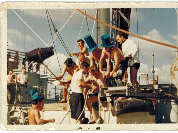 Tidereach Indian Ocean 1965
Roger Blackman JEO about to be dunked, Bob Gilston 3EO in black shorts, Roger Simms 2Off pointing and Jonno Nicholls Elec Off at far left
