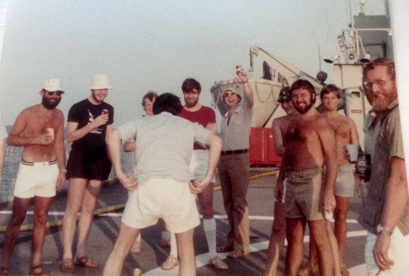 Sir Tristram - Feb 1982 - either Crossing the Line or enroute to Prince Rupert, Canada.
Barry Hayes, Richard Dunham (Cadet) Shaun Jones, Chris Forrest, <unknown>, Mark Hurley (Cadet), Dave Palin, 3rd Mate Neil Barclay, Captain Green. Andy Rennie.  Pic. from Robin Bailey JEO.
