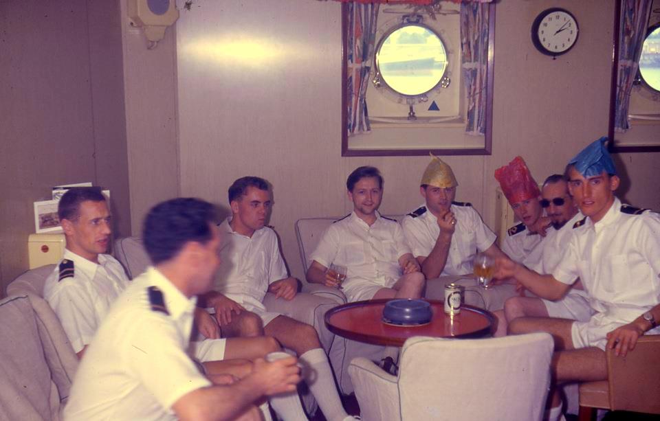 Tidespring 1965
Rab Thomson with head in postcards, Mike Davies, Alf Harold 2LO, Brian Feeney 3EO, ???, Rob Young 3/O, Rick Hogan 3EO, Alan Roberts 4EO?
