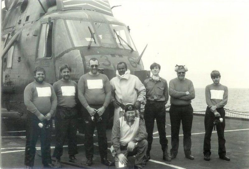 RFA Tidespring Flight Deck Crew. 1986 .
Left to right. Steve Hurrell, Pat Guinane, Murdo Mc Cloud, Ali Mohammed, Chris Vickers, Andy Straw, and First Officer Pete Breeze
