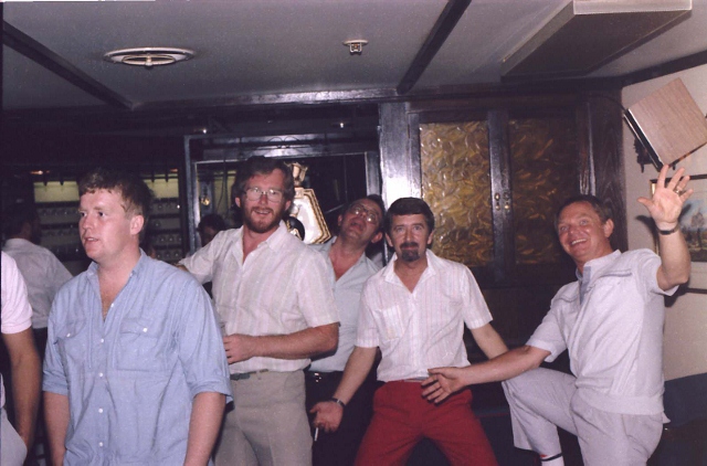 Fort Grange, (Global '86 Headache)
A quiet night in, Dave Green, Jim Trunks, Barry Thompson, Alan Storey, Bob Roullier.
Bar bills were rather high I remember..!!
