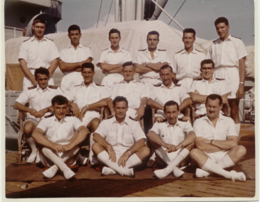 Wave Master Aug 1962 Singapore
Back row: Peter Nelson, Dave Lawrence, Jasper Osborne-Cribb, Stan Armstrong, Denny Maidlow, Bob Gilston
Middle: Ron Tozer, Jimmy Jackson, Capt Waters, Bob Liston, Les Wilkie
Front: Ned Kelly, Peter Flight, Taffy ???, ?????
