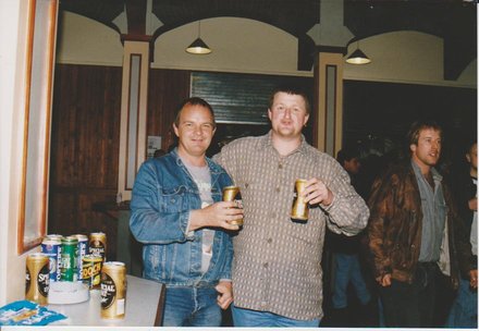 RFA Grey Rover Flakland Islands 1997. 
Larry Dwyer and Jimmy Shearer...enjoying a few scoops in the MPA recreational centre. 
"Steady those legs Jimmy" 
