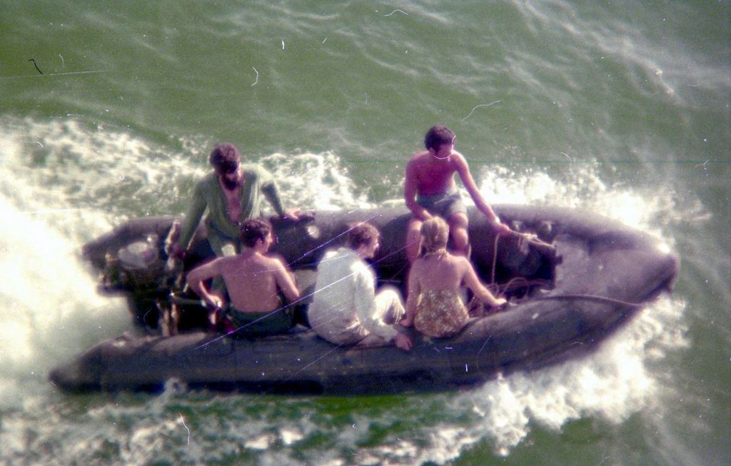 RFA Hebe, probably Oman area (Salalah) 1975.
Crash boat / jolly boat from RFA Hebe, probably Muscat area (Salalah) 1975.
Includes Bob Thornton (3rd Mate) and Mrs.Thornton, Geoff Wilson (3EO), Dennis Scougall (Purser) and ???
