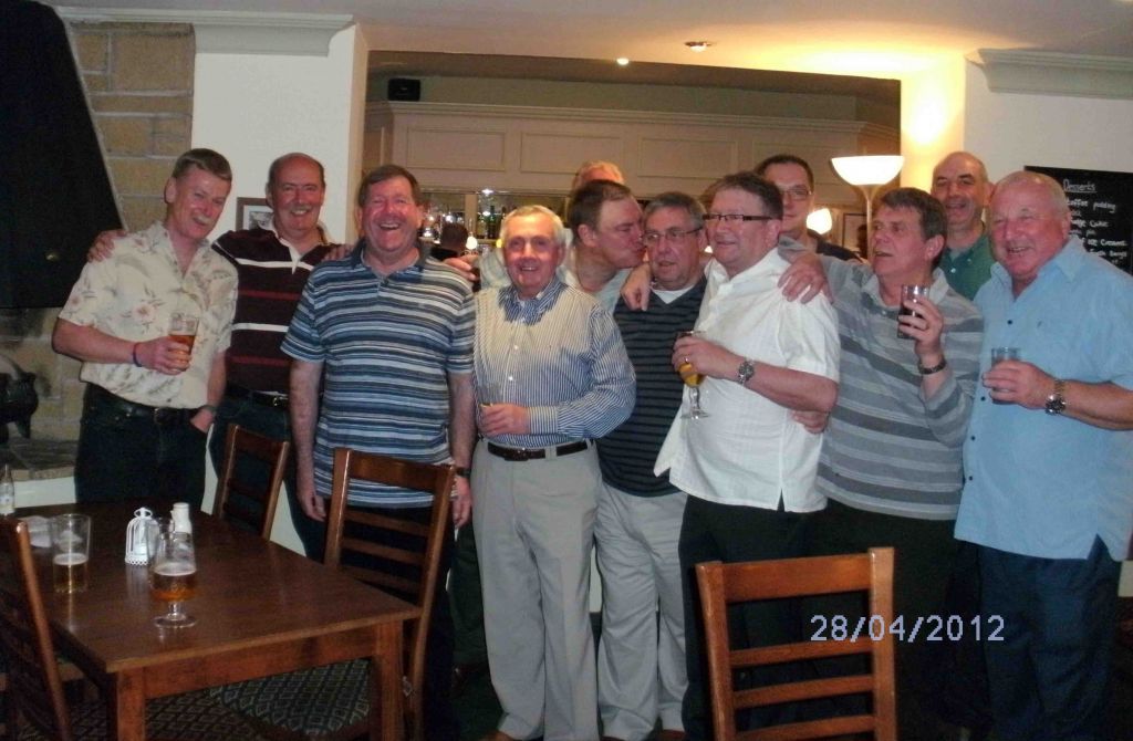 RFA Superheated Steamies Reunion April 2012
The Old Stone Trough, Kelbrook Lancs.
Spike,Charlie,Willy,Tam,Gordon,Mickey,Satch,Sandy,Ken,John,Barry,Dave Greenwoods head at the back.
Look for us on Facebook.
