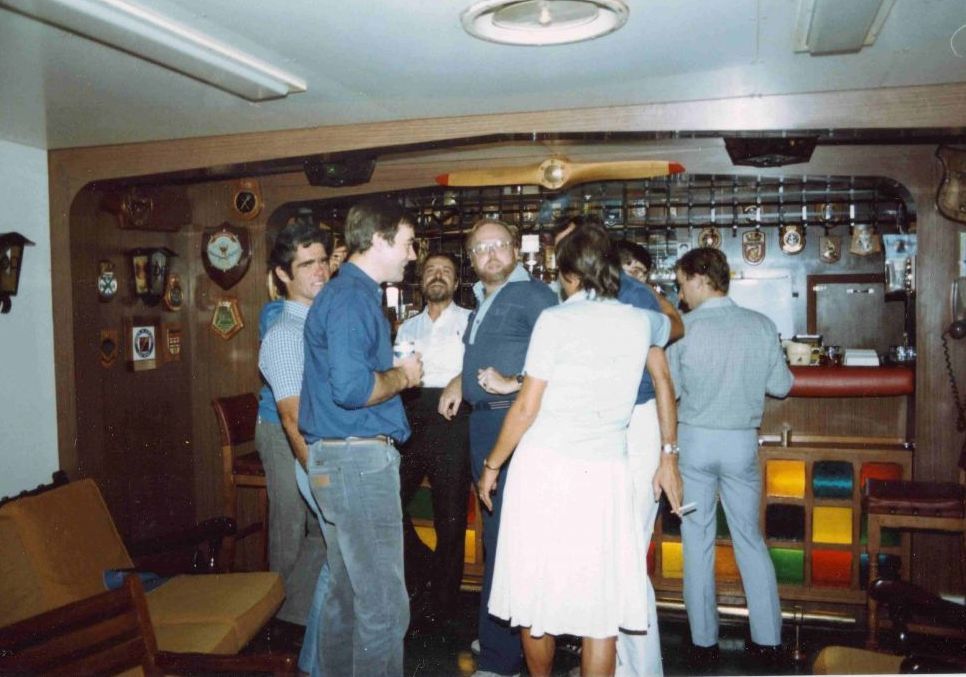 Gold Rover 1982
Round the World trip with the Yacht
Mike Rogers, SRO(left) looking at camera
and me Mac McElroy, 1R/O(with beard) in the
middle. Rosemary & Nick Lowe.
