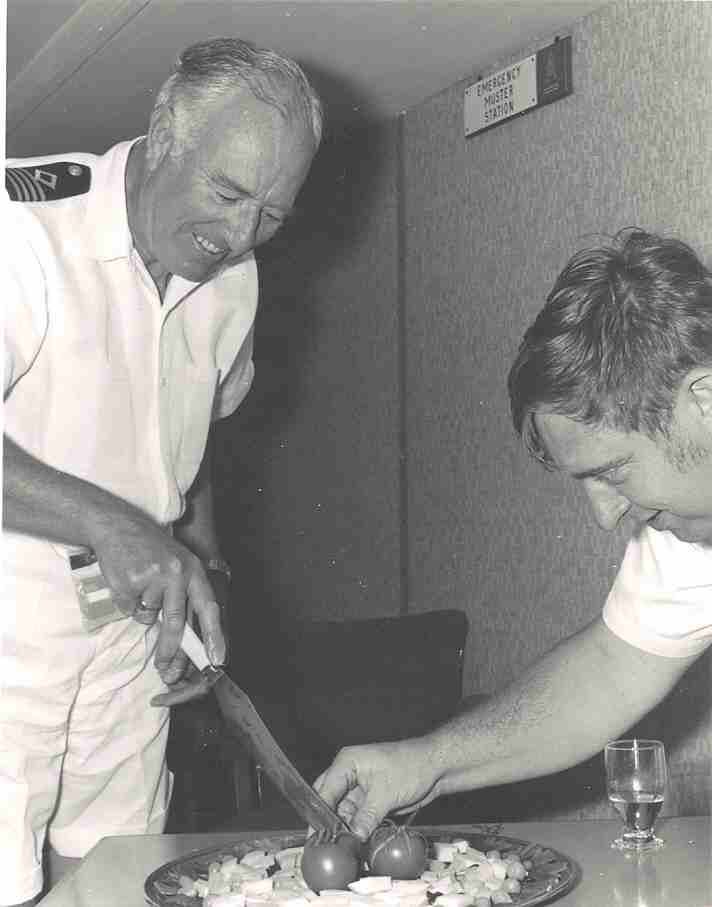 Sir Percy 1974 Pacific
Sid Clench (Capt) and Pete Nelson (Choff)
Cutting of the first tomatoes grown in
the crane cab! Everyone had a slice (Eventually!)
