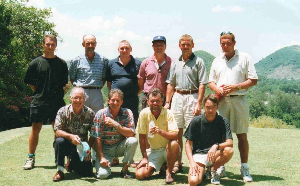 Thai Naval Golf Club
Back row: L-R ?;  Alan Edworthy CEO; NAAFI Manager; Mick Spear LH (S); Ralph Ives-wara CPO(D); Mick Chadwick LH (SA).
 Front row: L-R John McKee (DSTON); Captain Tony Pitt; Dennis Scougall C/O(S) and Kevin Oliver 3/O(S). 
RFA Fort Austin Ocean Wave 1997.   Sattahip Thailand 

