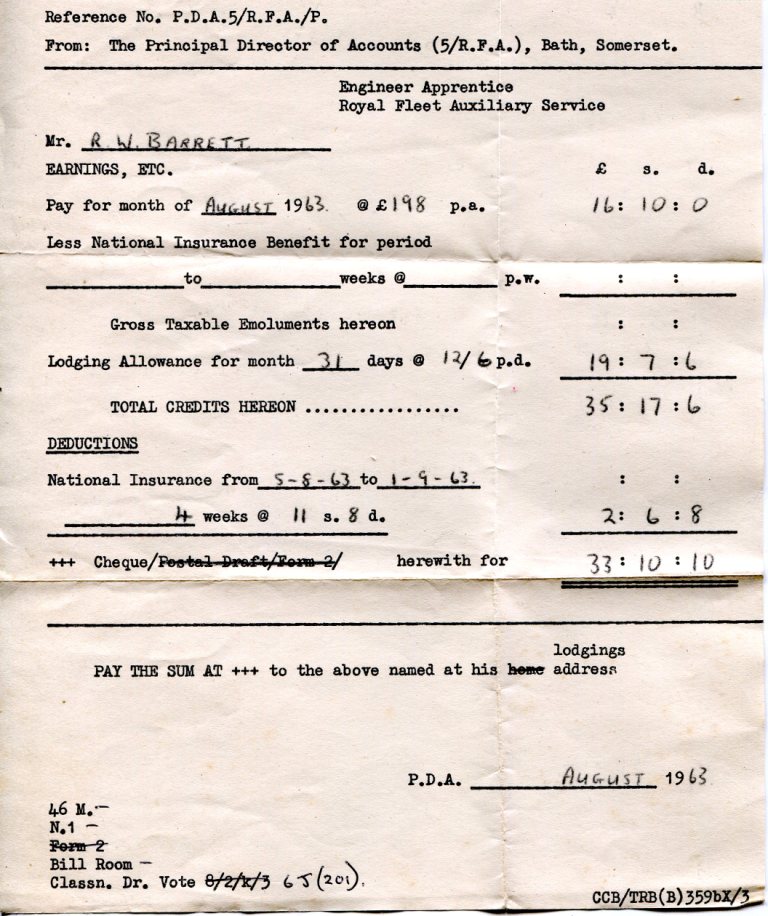 Newport college,wages slip,August 1964
Apprentice wage slip at college. Lodging allowance more than salary, just look at the national insurance.
